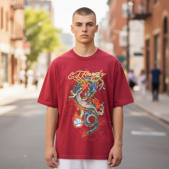 Ed Hardy Other - Ed Hardy Mens Wine Red Dragon Graphic Print T Shirt Size Medium Short Sleeve NEW
